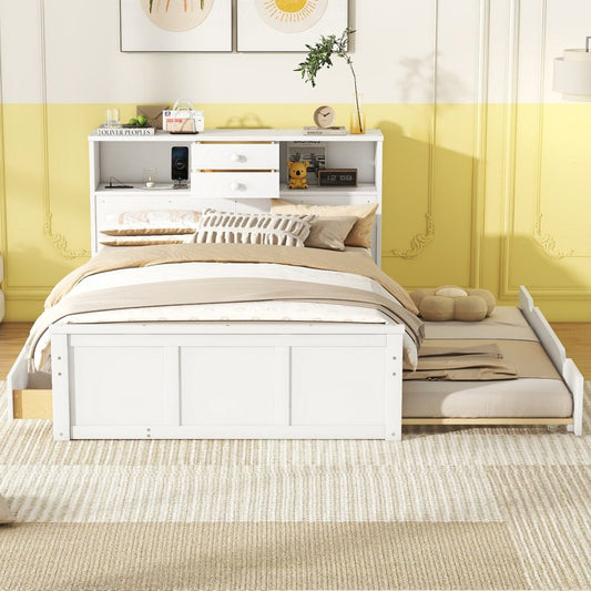 White Wood Full Bed Frame With Trundle And Drawers