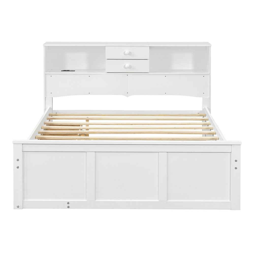 White Wood Full Bed Frame With Trundle And Drawers