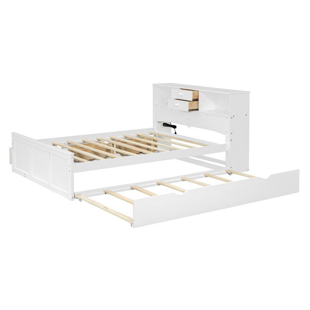 White Wood Full Bed Frame With Trundle And Drawers