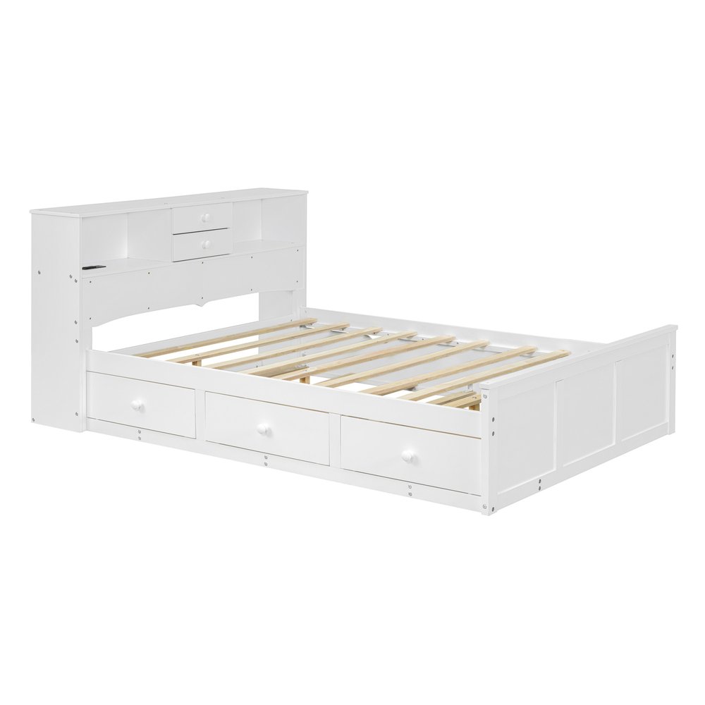 White Wood Full Bed Frame With Trundle And Drawers