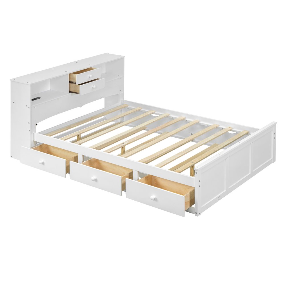 White Wood Full Bed Frame With Trundle And Drawers
