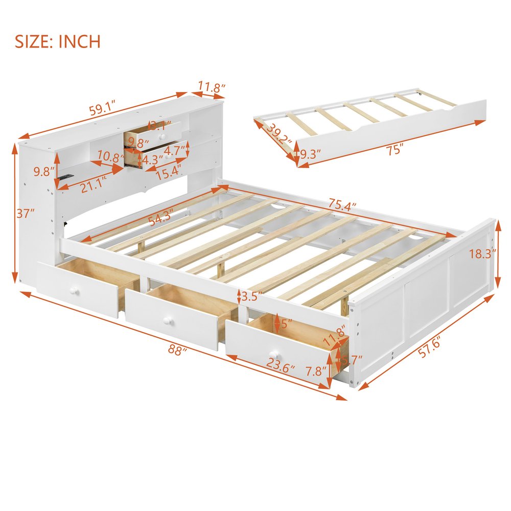White Wood Full Bed Frame With Trundle And Drawers