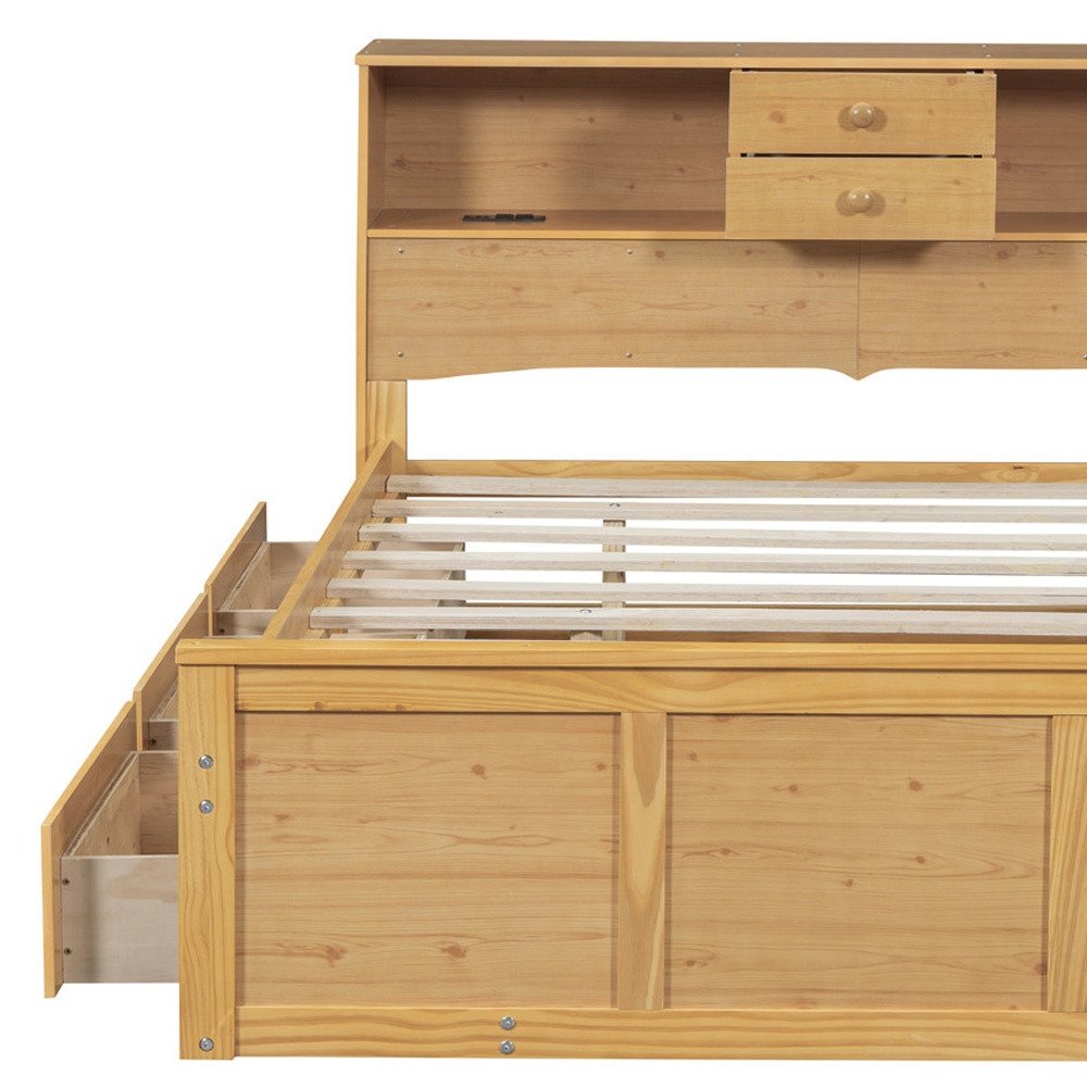 Natural Wood Full Bed Frame With Trundle And Drawers