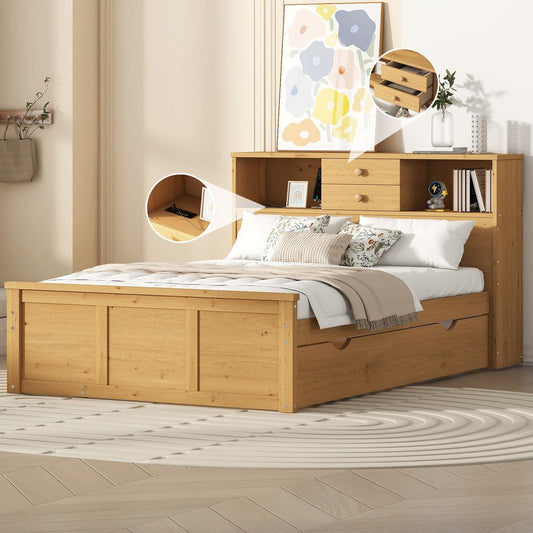 Natural Wood Full Bed Frame With Trundle And Drawers
