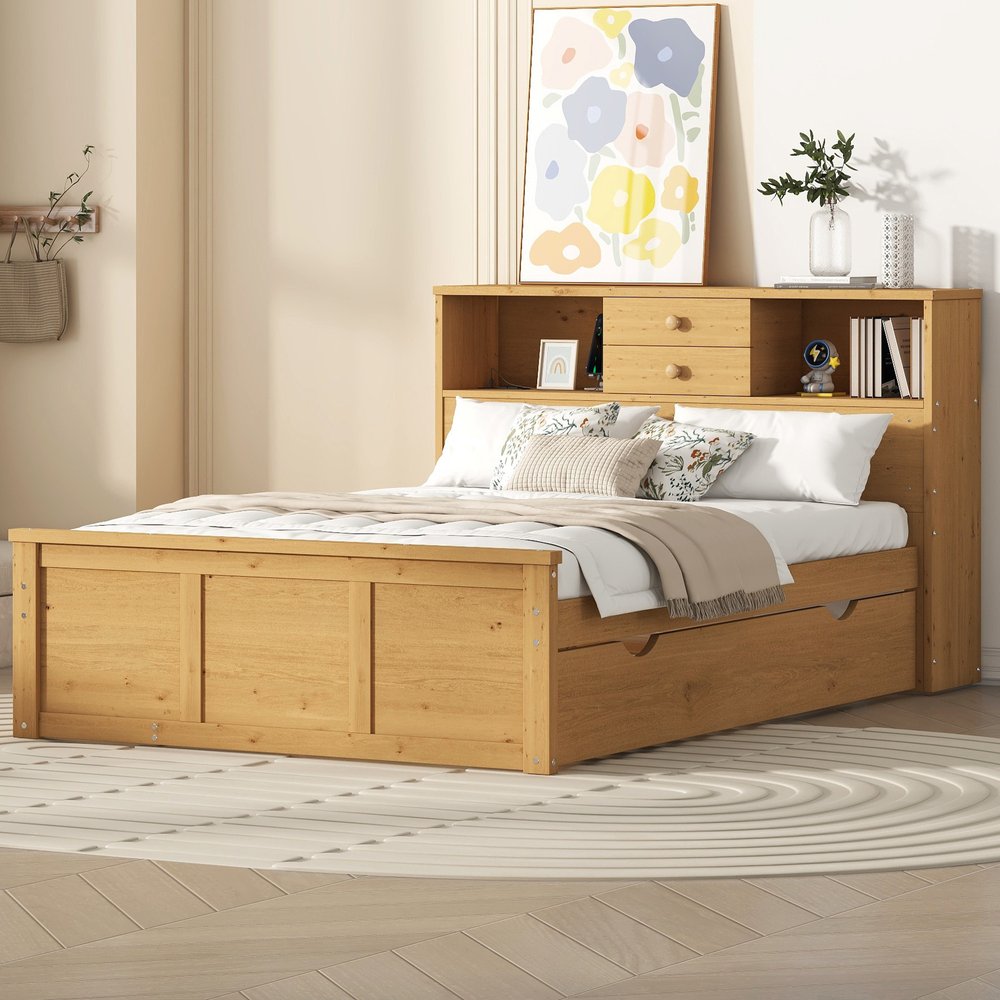 Natural Wood Full Bed Frame With Trundle And Drawers