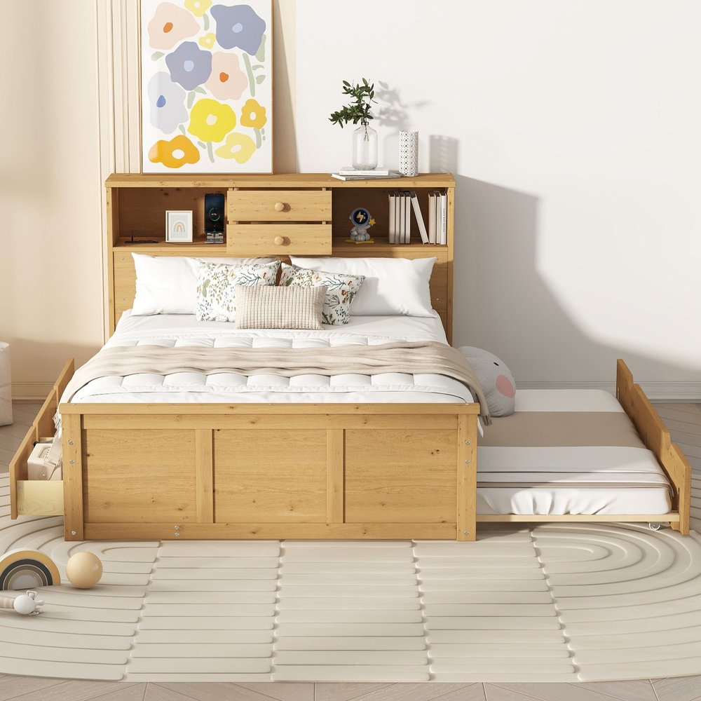 Natural Wood Full Bed Frame With Trundle And Drawers