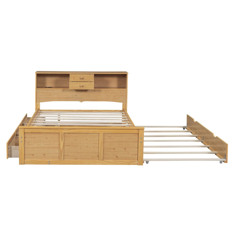 Natural Wood Full Bed Frame With Trundle And Drawers