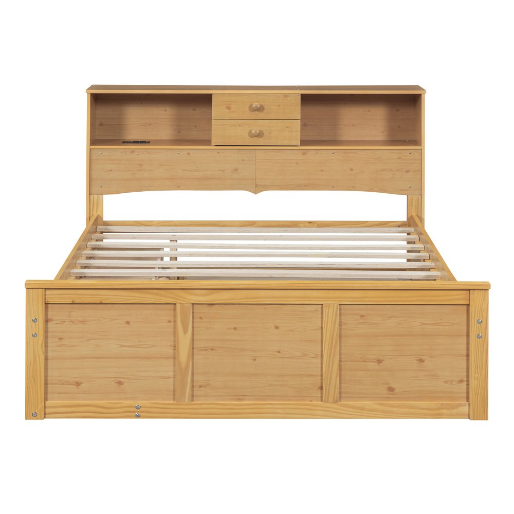 Natural Wood Full Bed Frame With Trundle And Drawers