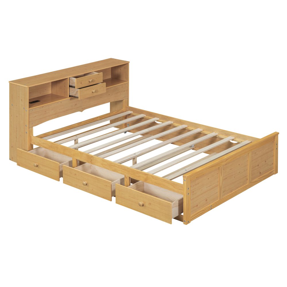 Natural Wood Full Bed Frame With Trundle And Drawers