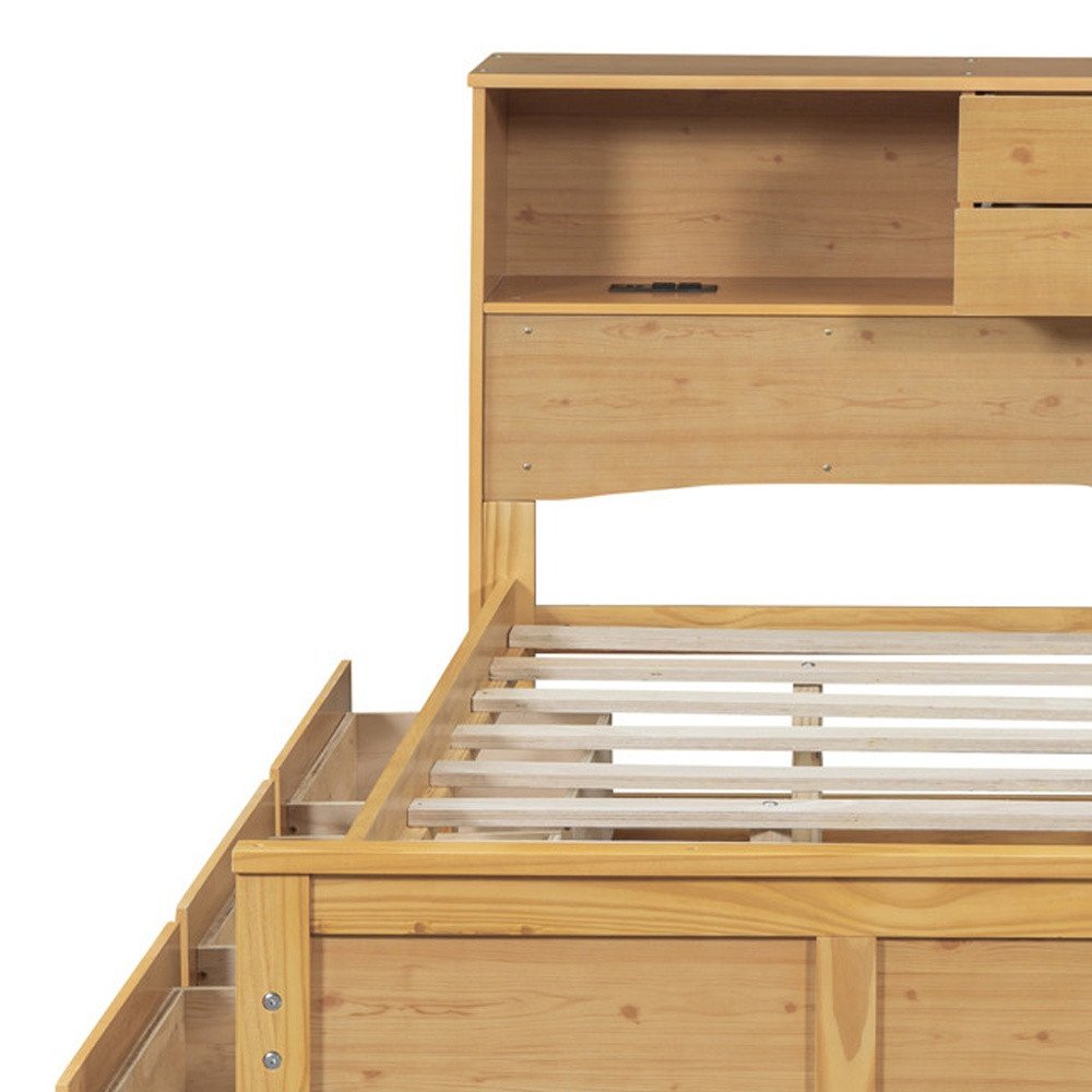 Natural Wood Full Bed Frame With Trundle And Drawers