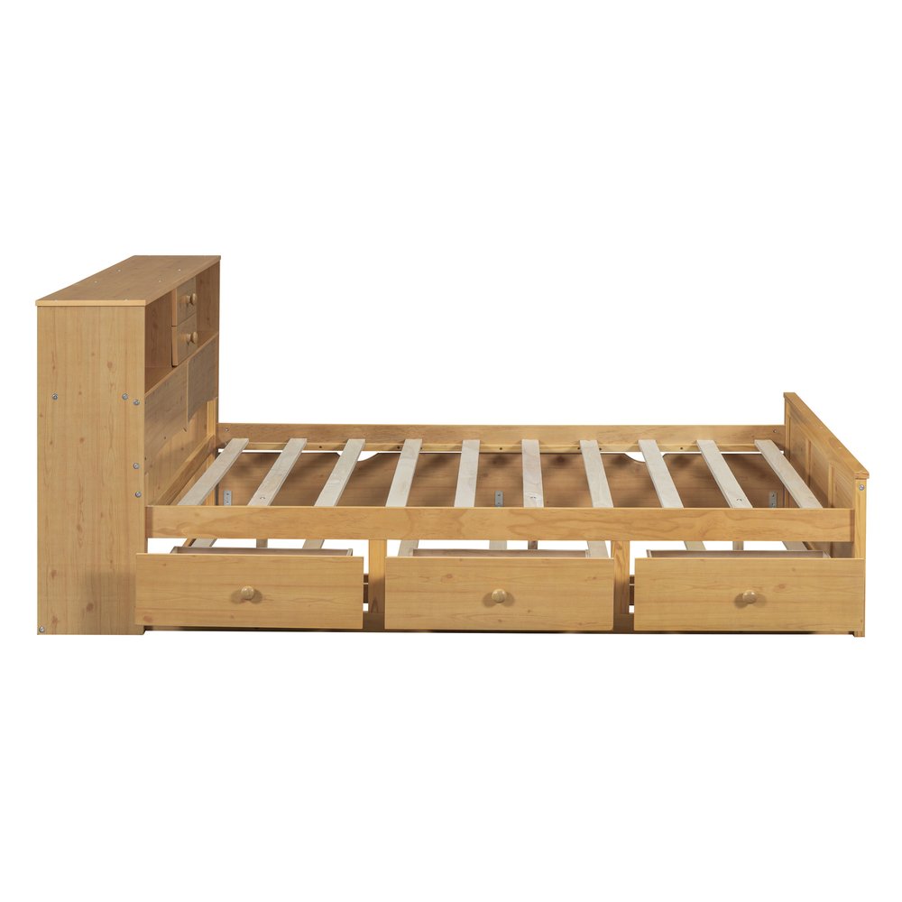 Natural Wood Full Bed Frame With Trundle And Drawers