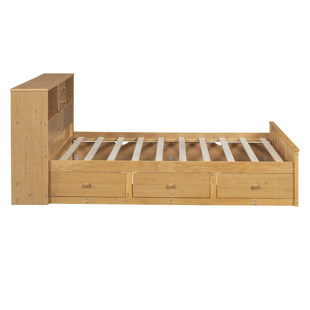 Natural Wood Full Bed Frame With Trundle And Drawers