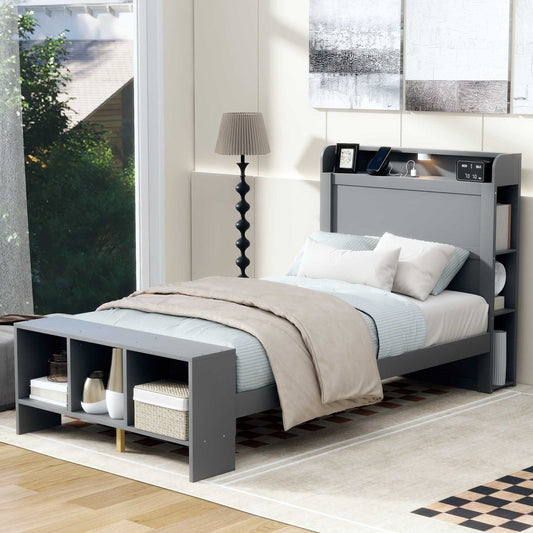 Gray Wood Twin Bed Frame With USB