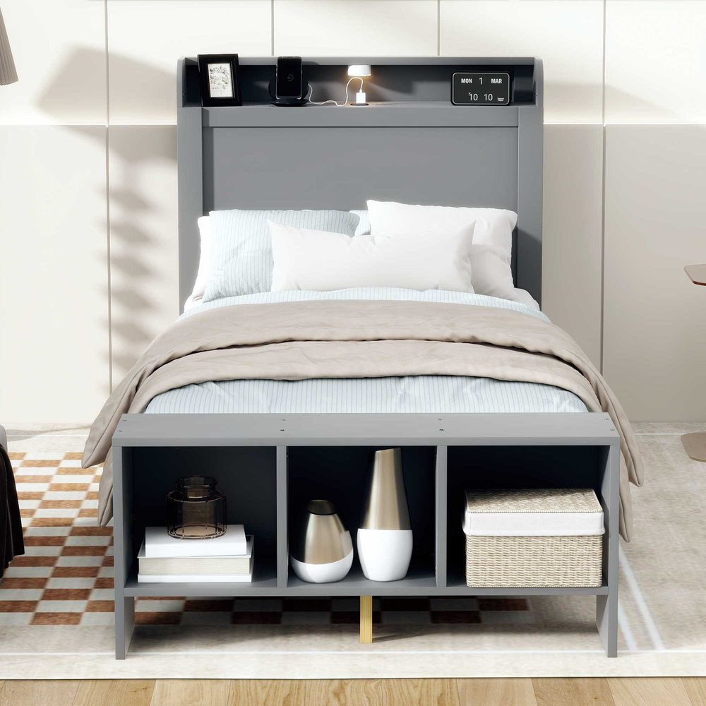 Gray Wood Twin Bed Frame With USB