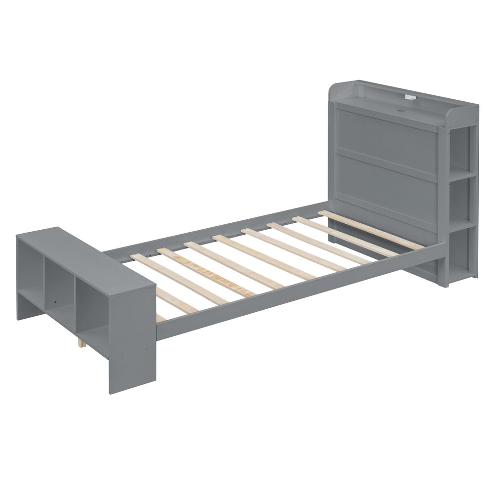 Gray Wood Twin Bed Frame With USB