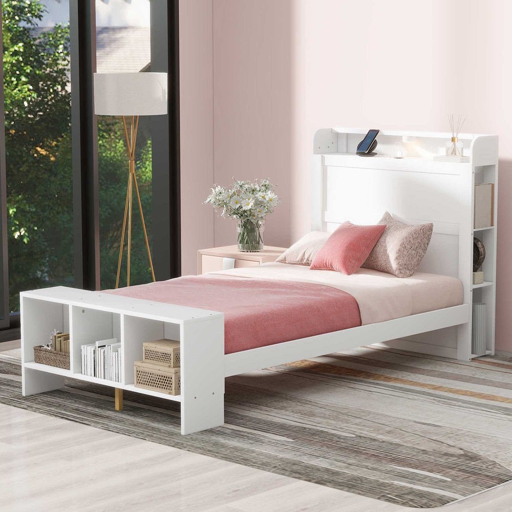 White Wood Twin Bed Frame With USB