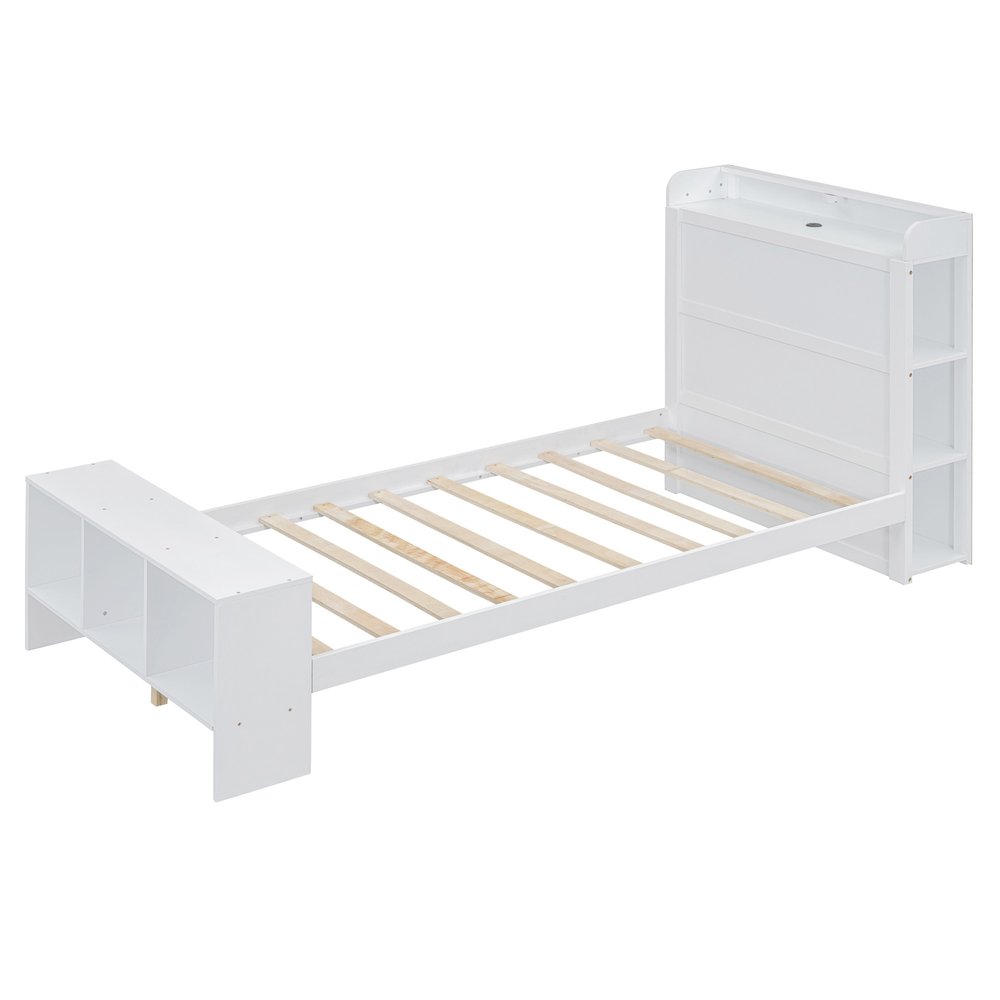 White Wood Twin Bed Frame With USB