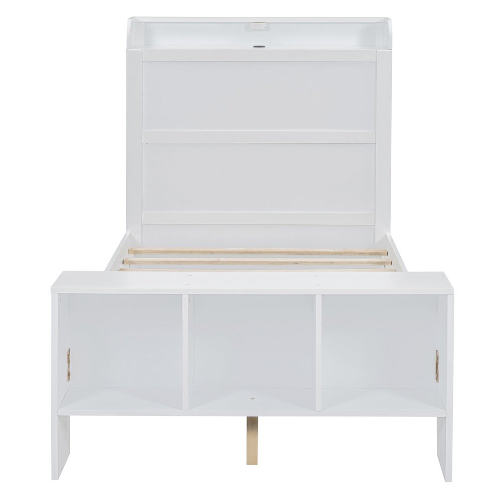 White Wood Twin Bed Frame With USB