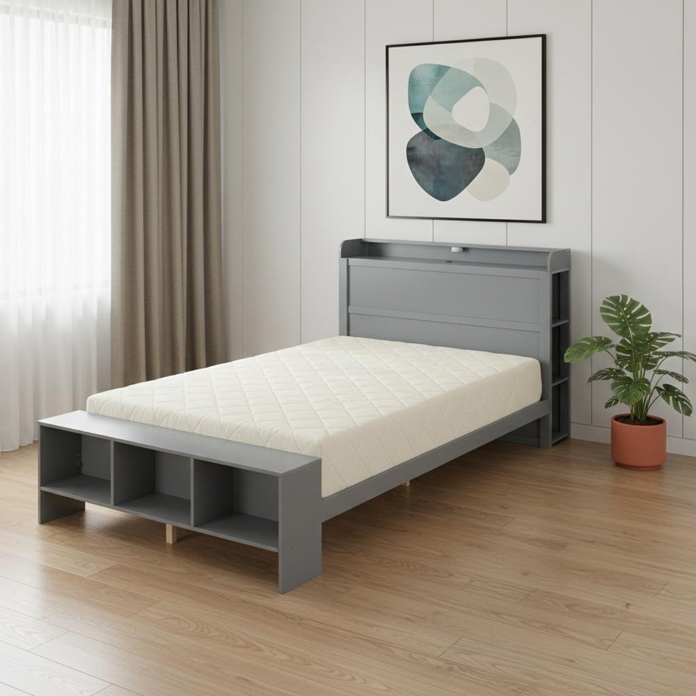 Gray Wood Full Bed Frame With LED Lighting And USB