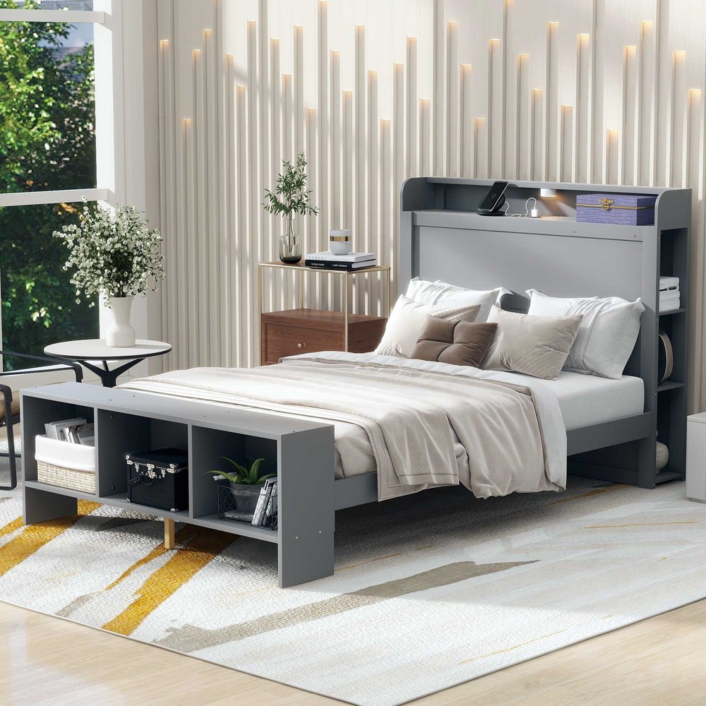 Gray Wood Full Bed Frame With LED Lighting And USB