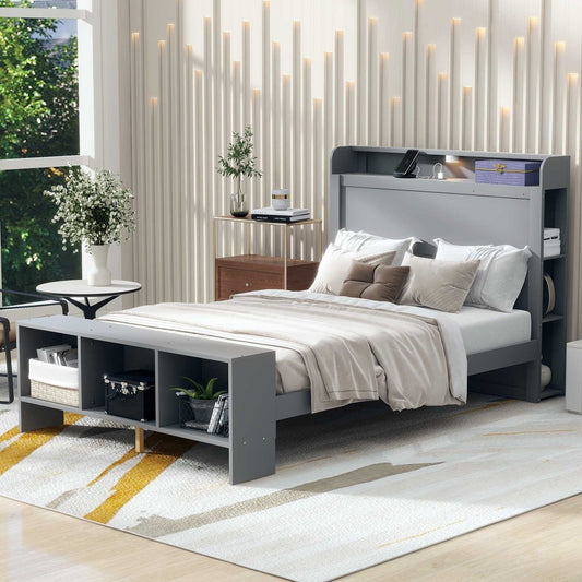 Gray Wood Full Bed Frame With LED Lighting And USB