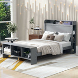 Gray Wood Full Bed Frame With LED Lighting And USB