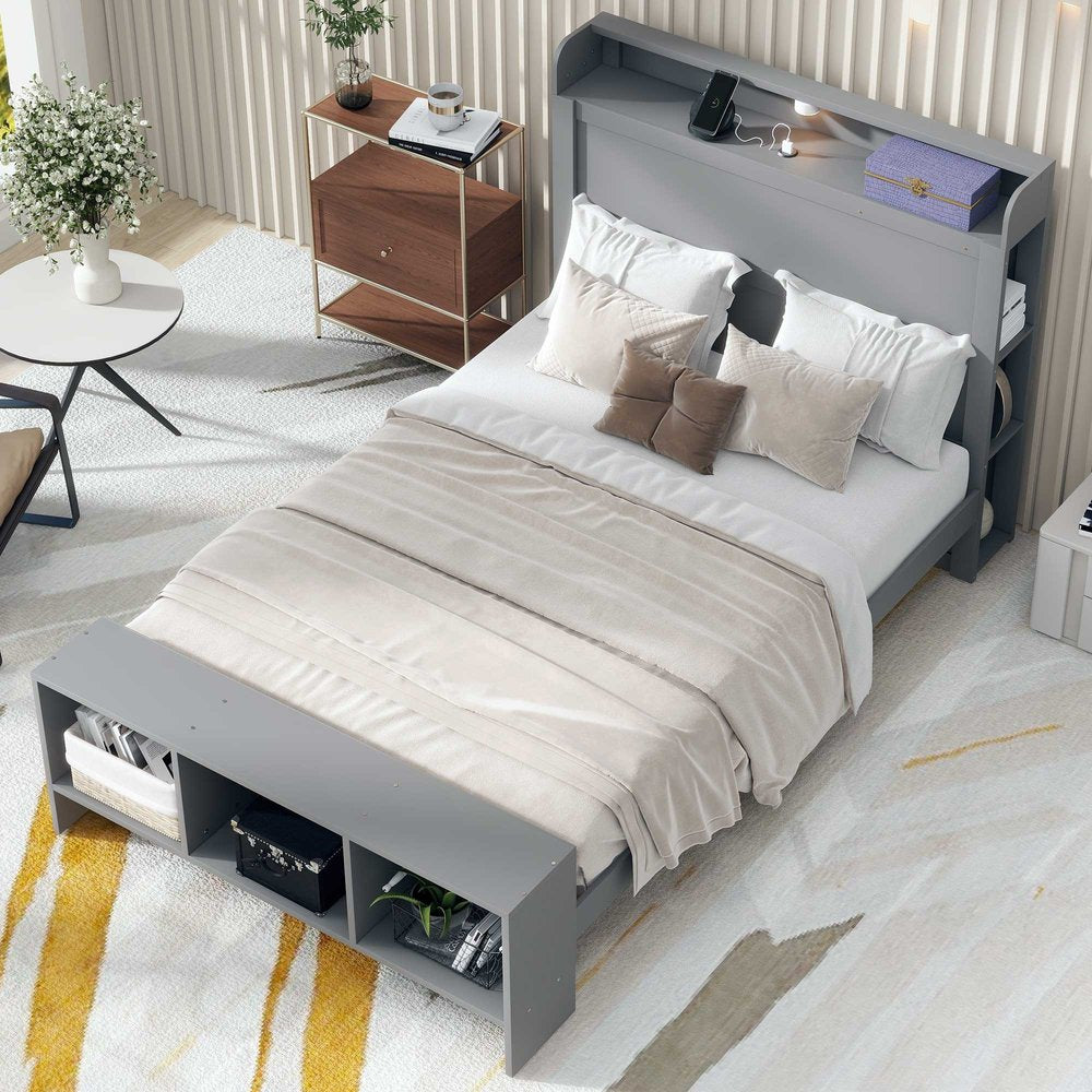 Gray Wood Full Bed Frame With LED Lighting And USB