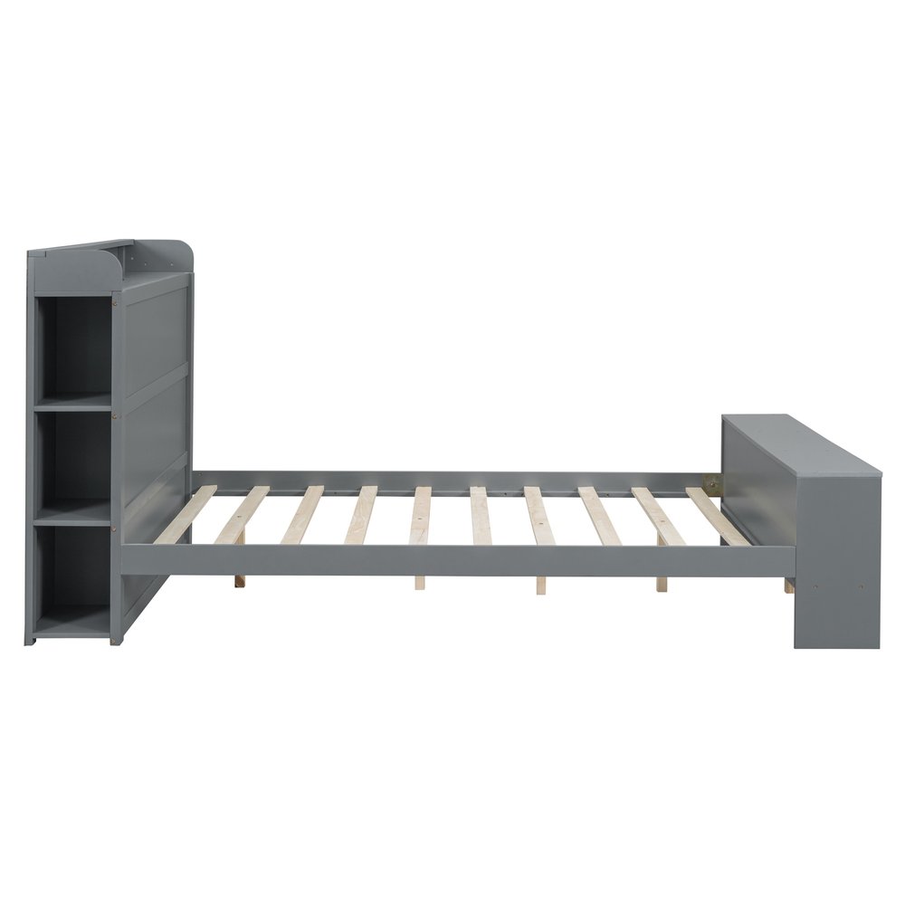 Gray Wood Full Bed Frame With LED Lighting And USB