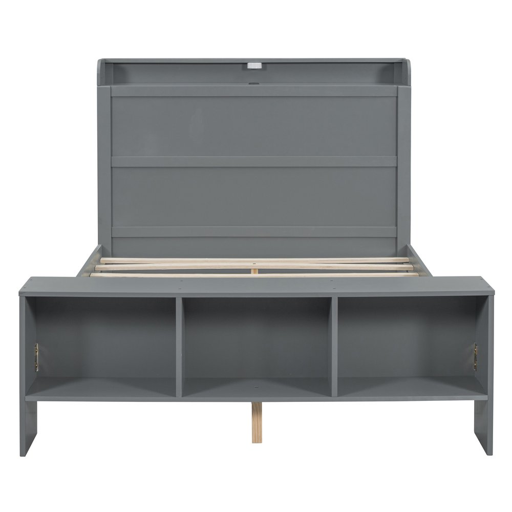 Gray Wood Full Bed Frame With LED Lighting And USB