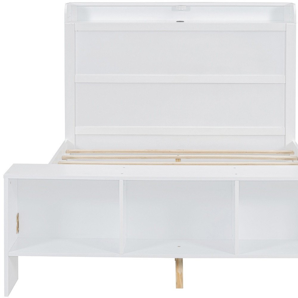 White Wood Full Bed Frame With LED Lighting And USB