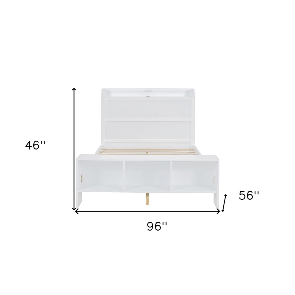 White Wood Full Bed Frame With LED Lighting And USB