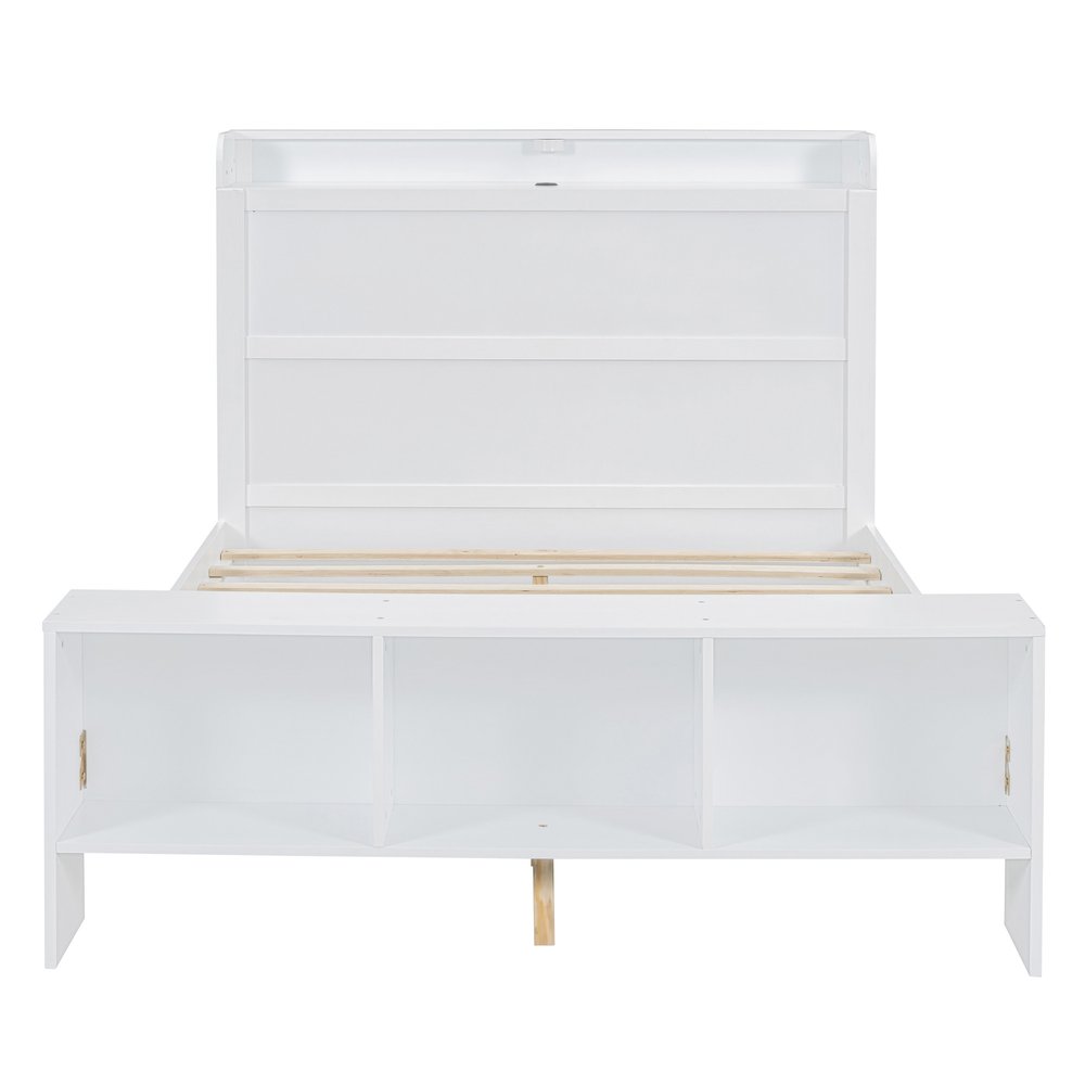 White Wood Full Bed Frame With LED Lighting And USB