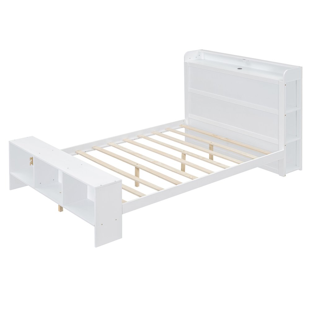 White Wood Full Bed Frame With LED Lighting And USB