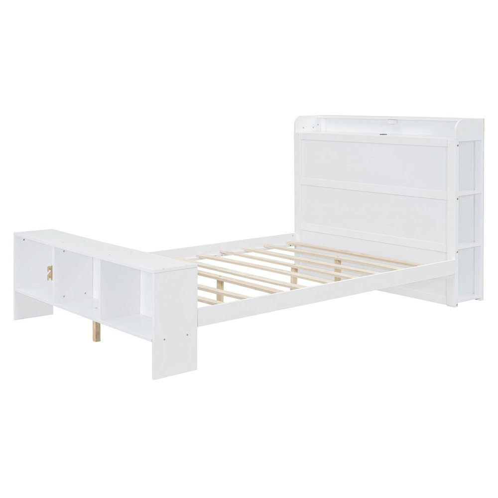 White Wood Full Bed Frame With LED Lighting And USB