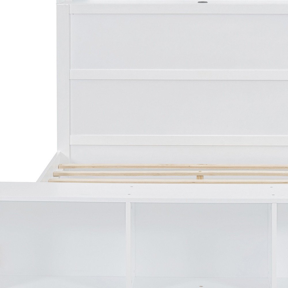 White Wood Full Bed Frame With LED Lighting And USB