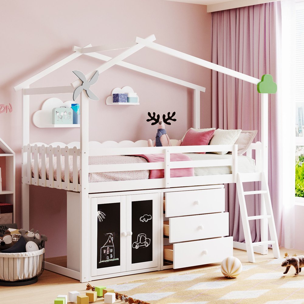White Slat Wood Twin Loft Bed with Shelves