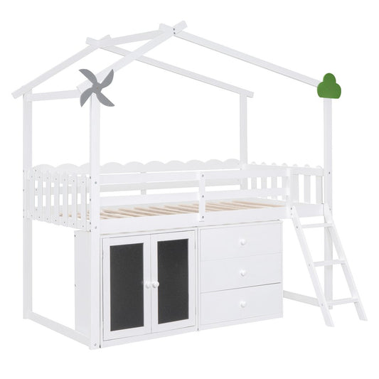 White Slat Wood Twin Loft Bed with Shelves