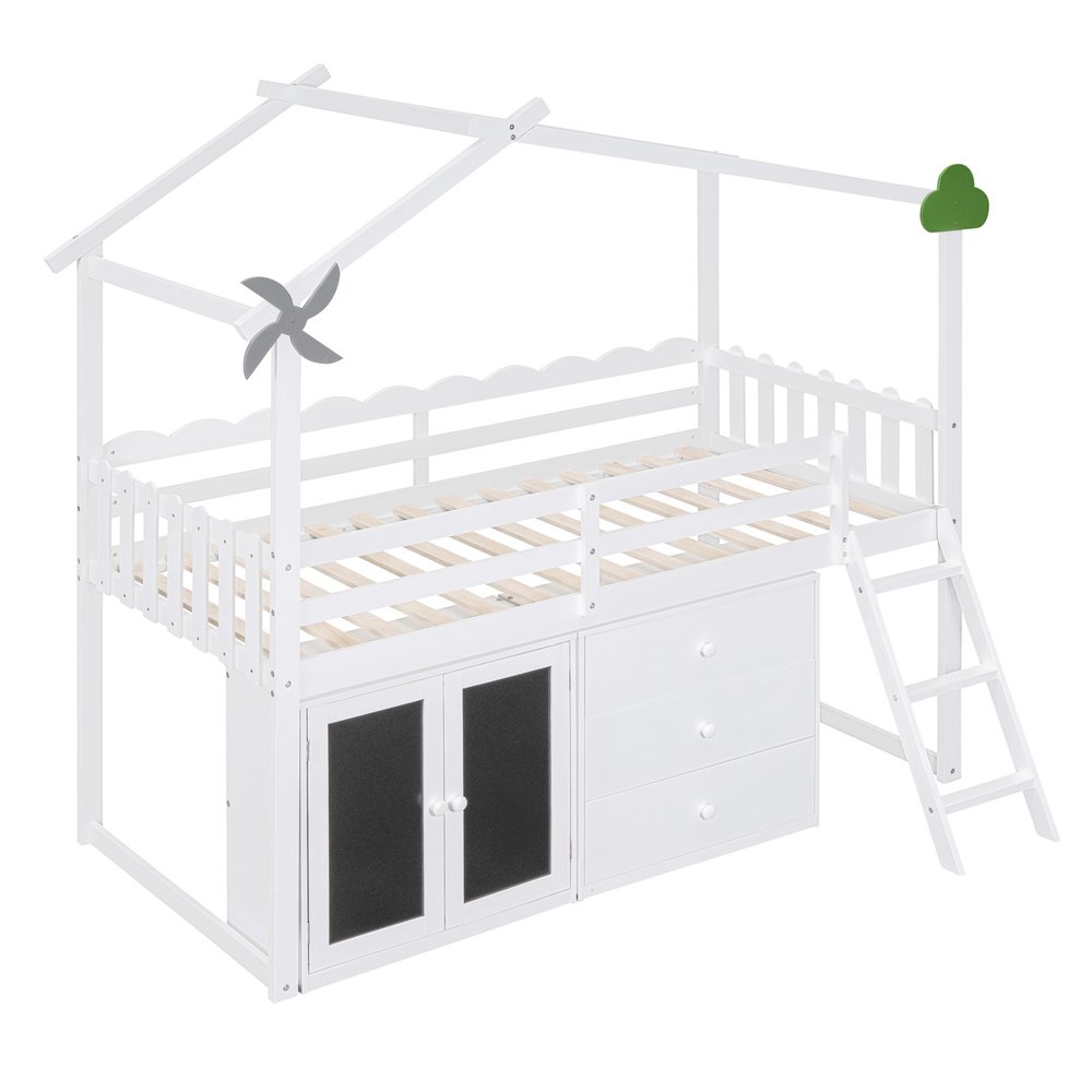 White Slat Wood Twin Loft Bed with Shelves