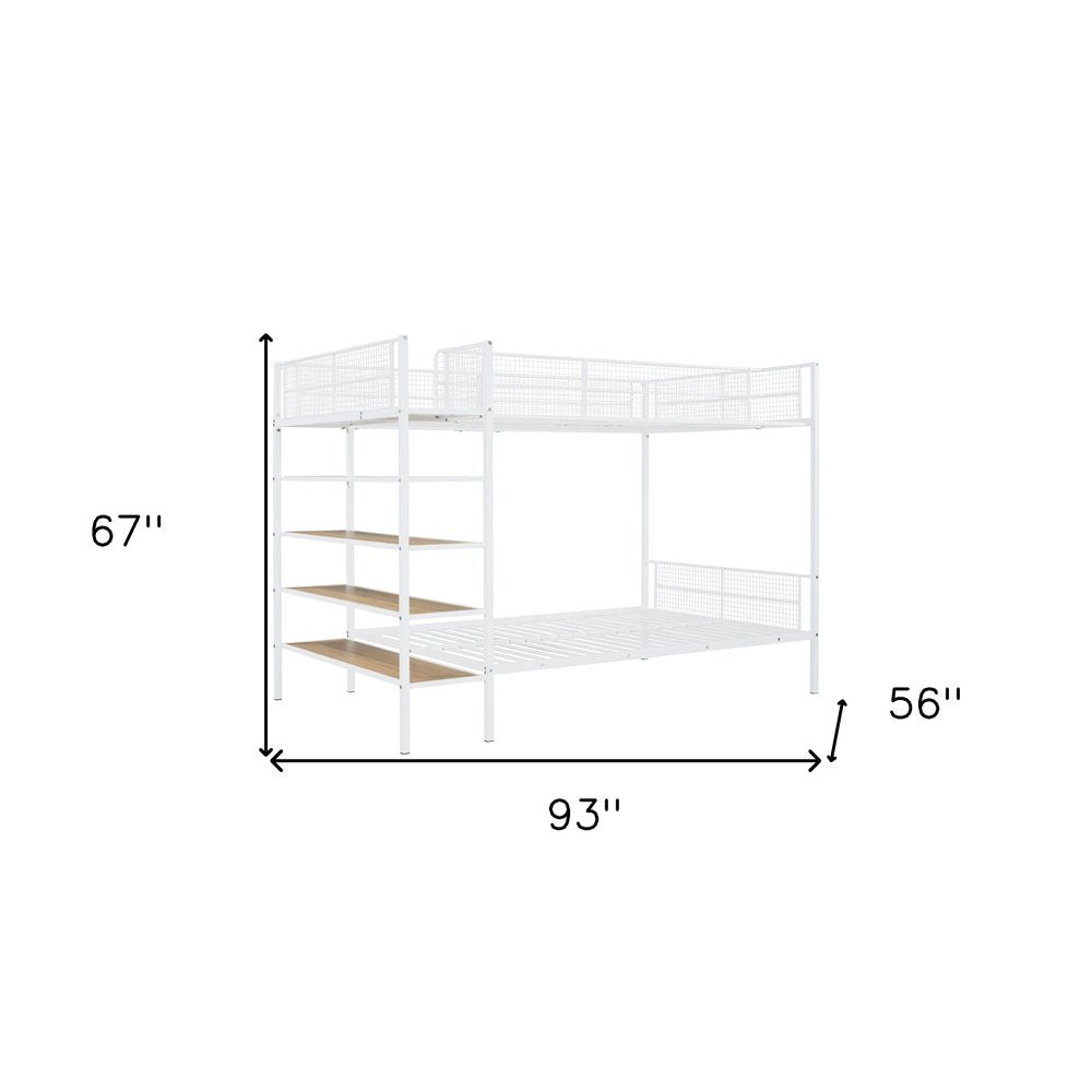 White Twin Over Full Industrial Metal Bunk Bed With Shelves