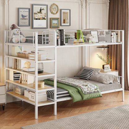 White Twin Over Full Industrial Metal Bunk Bed With Shelves