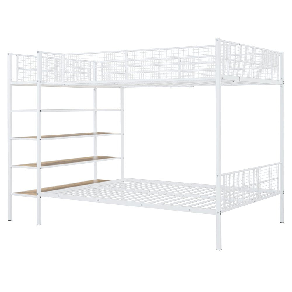 White Twin Over Full Industrial Metal Bunk Bed With Shelves