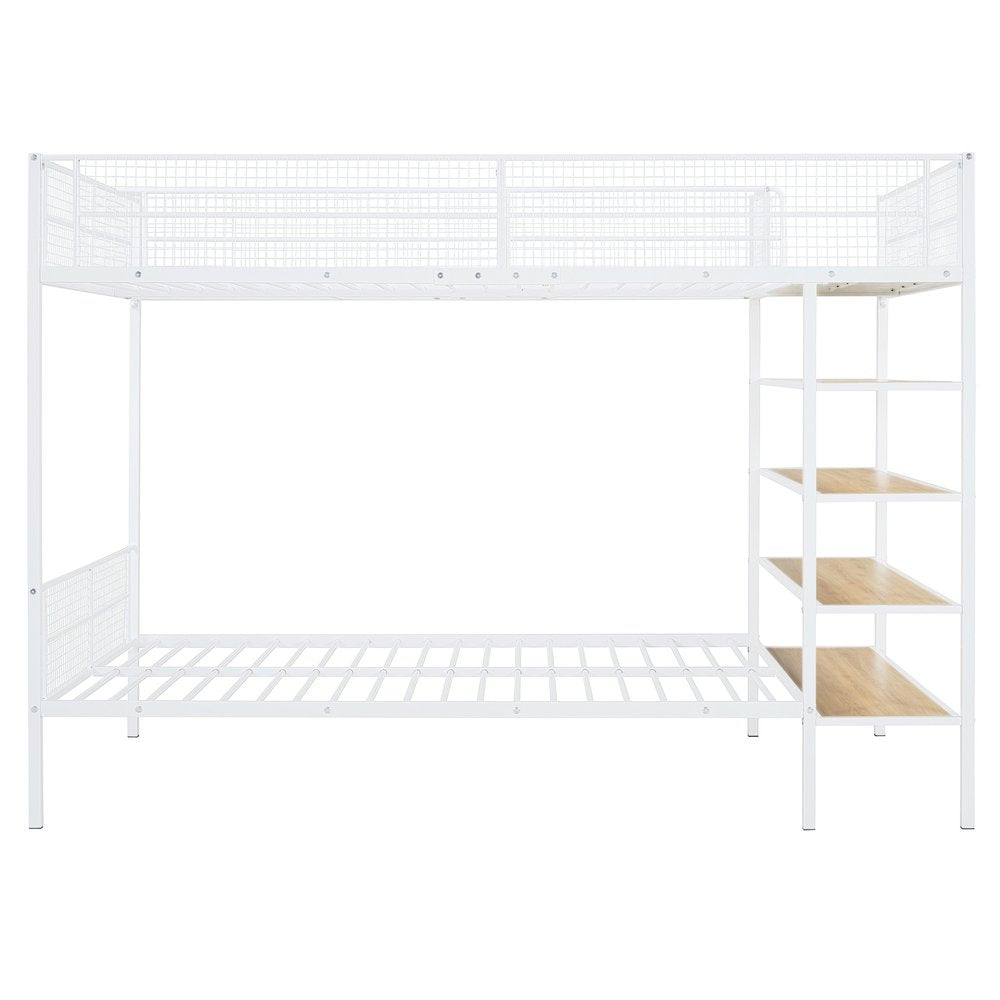 White Twin Over Full Industrial Metal Bunk Bed With Shelves