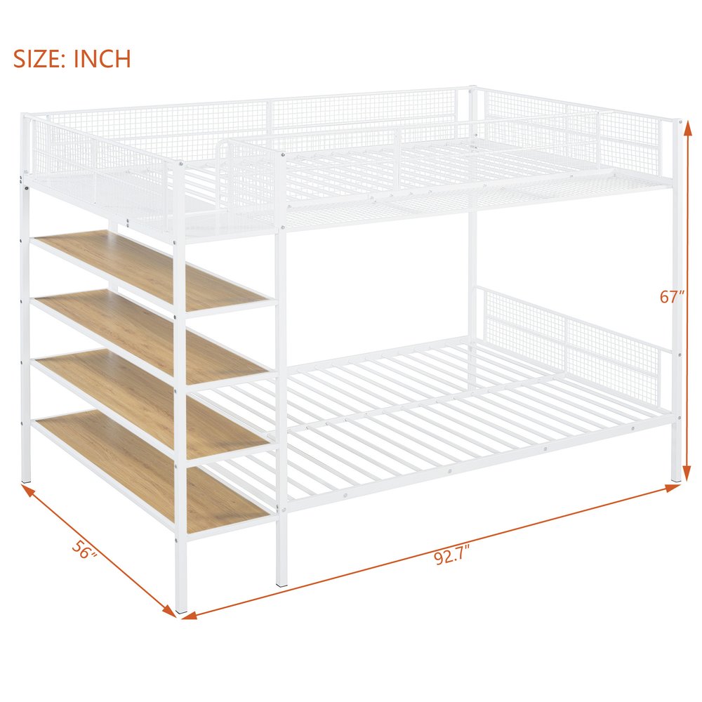 White Twin Over Full Industrial Metal Bunk Bed With Shelves