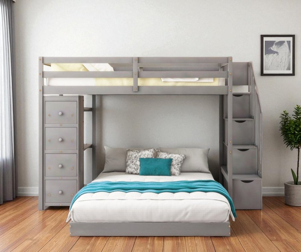 Gray Twin Over Full Wood Bunk Bed With Stairs And Drawers And Storage