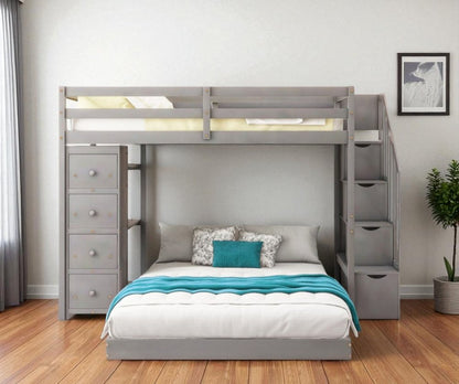 Gray Twin Over Full Wood Bunk Bed With Stairs And Drawers And Storage