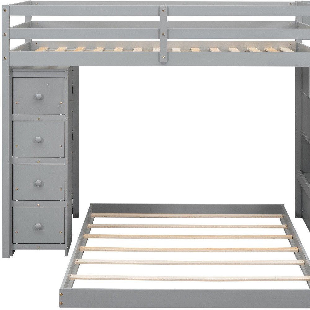Gray Twin Over Full Wood Bunk Bed With Stairs And Drawers And Storage