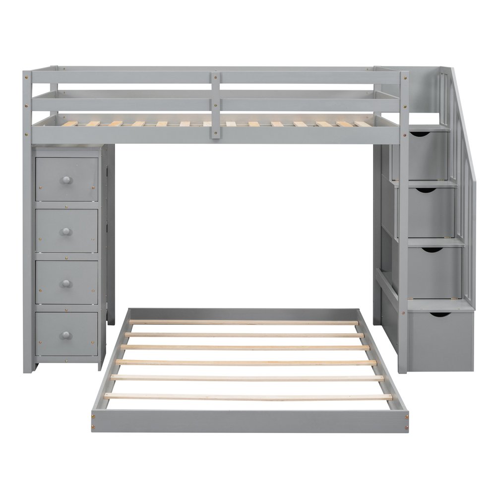 Gray Twin Over Full Wood Bunk Bed With Stairs And Drawers And Storage