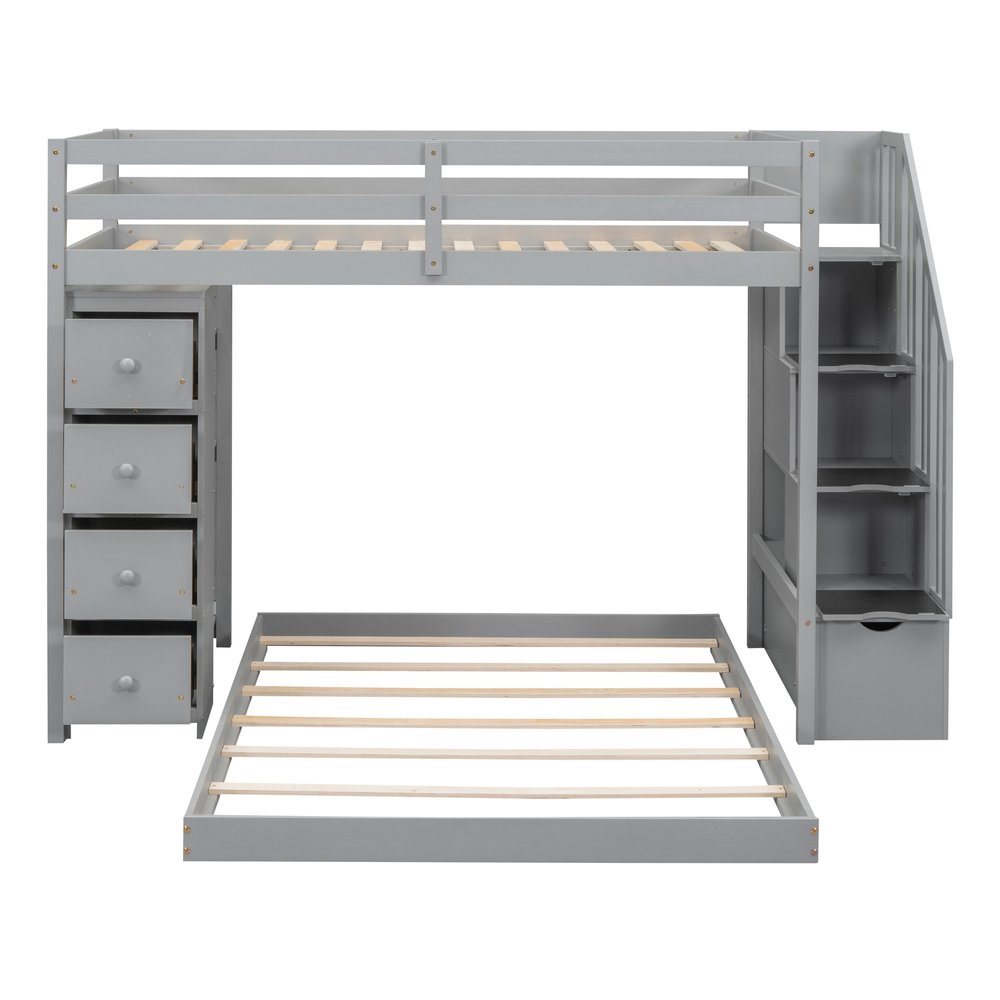 Gray Twin Over Full Wood Bunk Bed With Stairs And Drawers And Storage