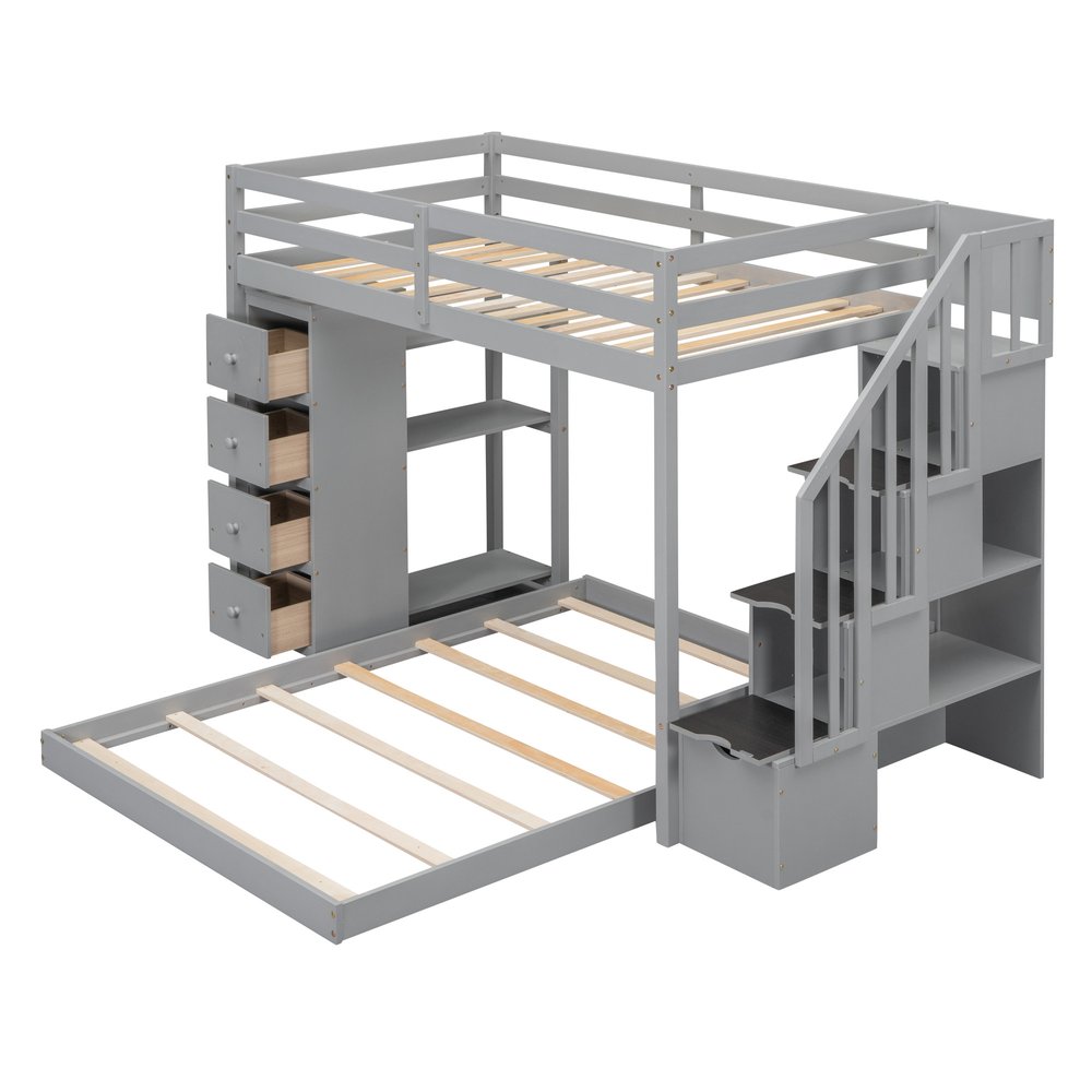 Gray Twin Over Full Wood Bunk Bed With Stairs And Drawers And Storage