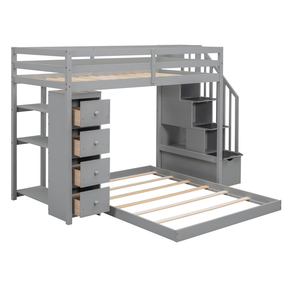 Gray Twin Over Full Wood Bunk Bed With Stairs And Drawers And Storage